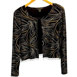 VTG Black Dressy Bolero Jacket Silver Gold Metallic Beaded Fringe Long Sleeve 14